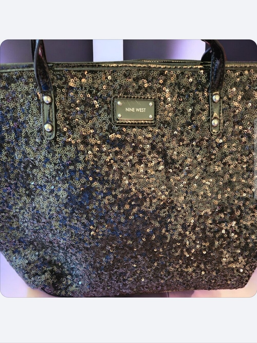 Nine West Black Sequin Tote with Patent Trim● EUC